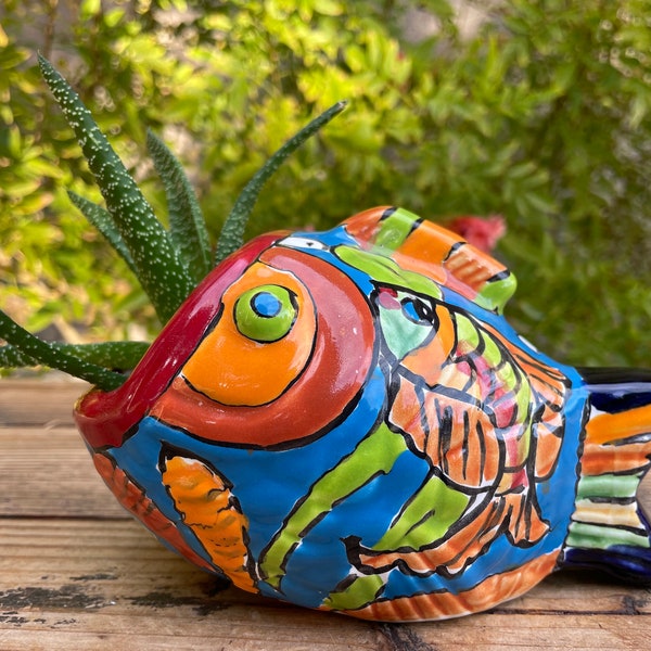 Elegant Talavera Big Mouth Bass Fish Flower Pot / Planter.  Handmade Mexican pottery. Ceramic Home Art