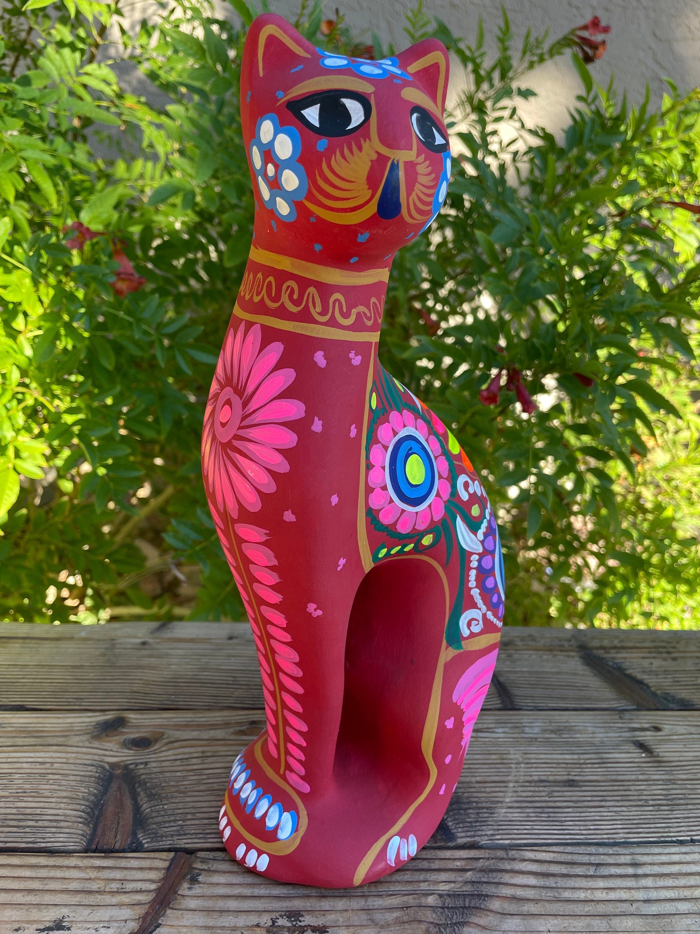Hand Painted Stretched Cat , Mexican Folk Art Colorful Hand