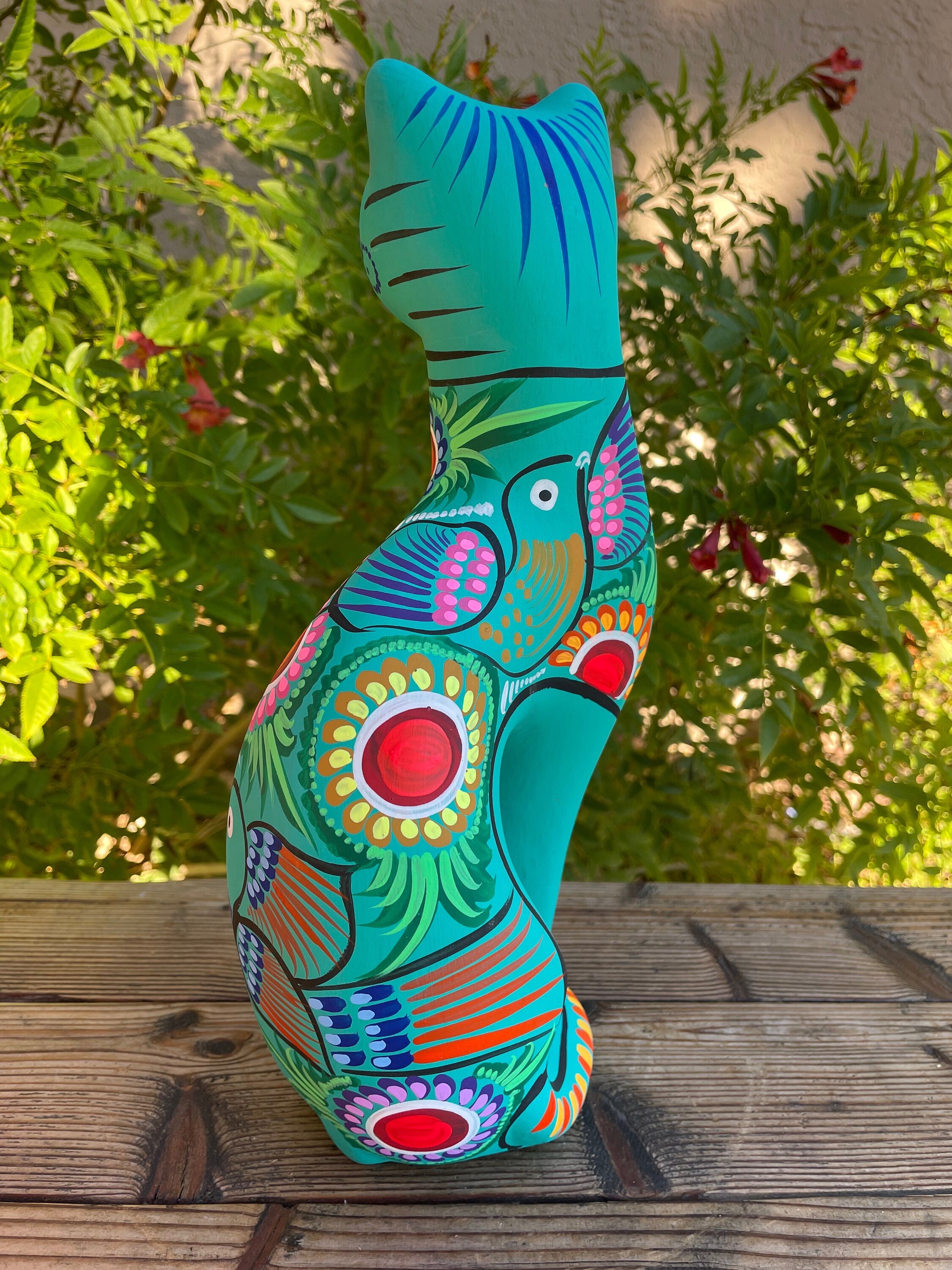 Hand Painted Stretched Cat, Mexican Folk Art Colorful Hand Painted