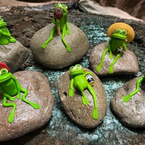 Frog on a Rock.  Hand crafted Clay Frogs.  Miniature Frog Figurine.  Rock Garden. Garden art. Yard Decor.  Fun gift.