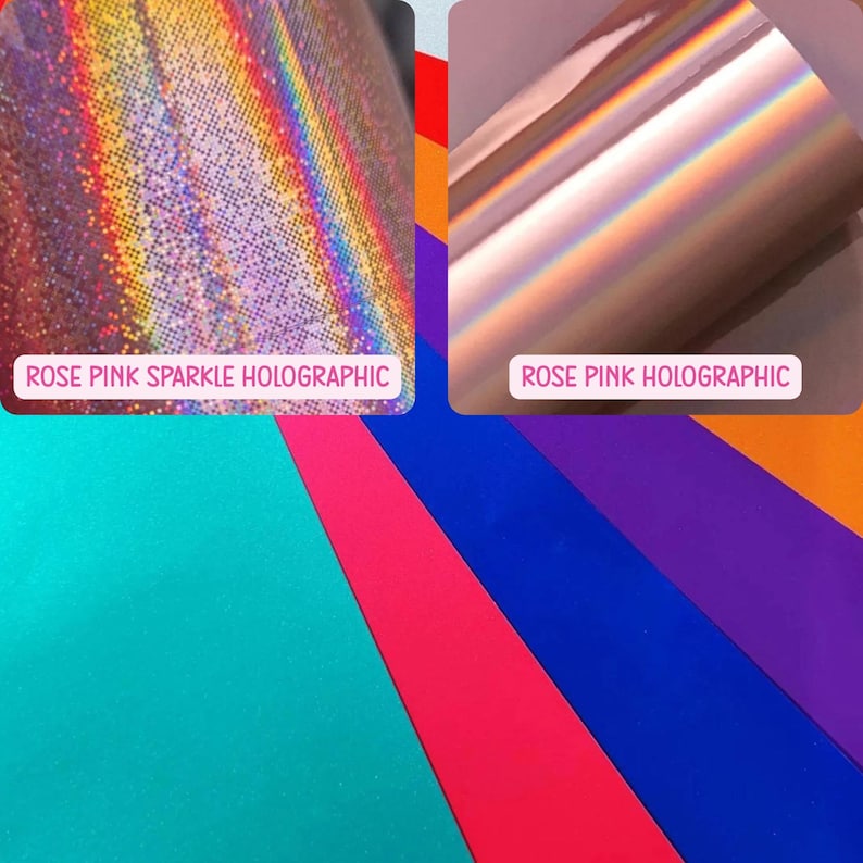 May include: A collection of adhesive vinyl sheets featuring two rose pink holographic styles, one with a sparkle texture and one with a smooth finish, alongside solid sheets in teal, red, blue, purple, and orange with the text labels included.