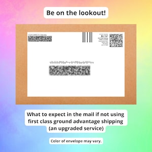 May include: A rectangular brown envelope with a white mailing label featuring the text COCORICO Decals, a barcode, a QR code, and postage information. Above the envelope is the text Be on the lookout! and below is text about mail expectations.