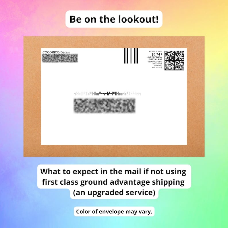 May include: A rectangular brown envelope with a white mailing label featuring the text COCORICO Decals, a barcode, a QR code, and postage information. Above the envelope is the text Be on the lookout! and below is text about mail expectations.