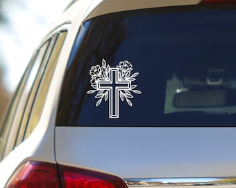 Floral Cross Vinyl Decal: Faith Car Window Sticker (5" H)