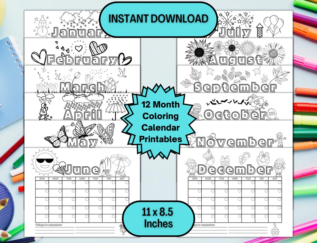 12 Month Printable Calendar for Kids Printable Calendar to Color ...