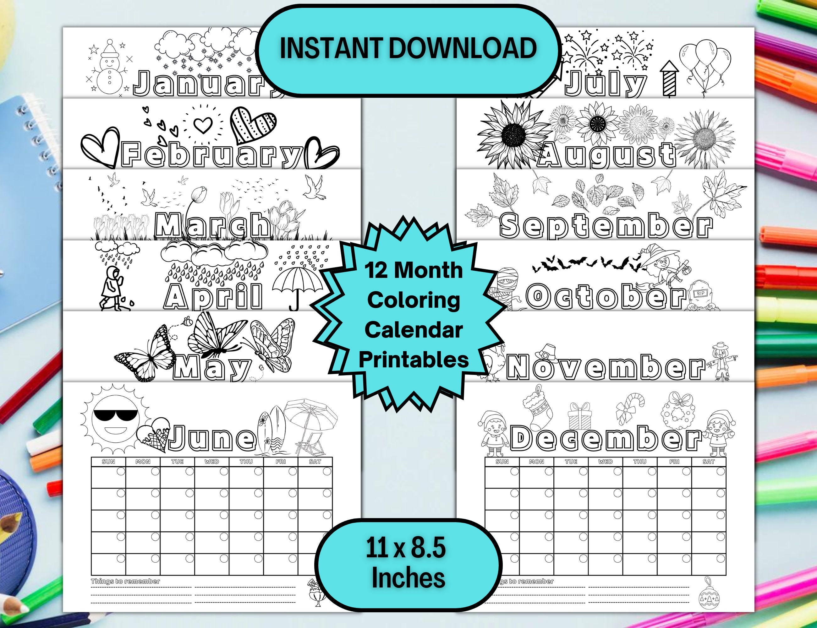 12 Month Printable Calendar for Kids Printable Calendar to Color ...