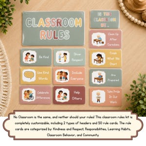 May include: A classroom rules kit featuring a large sign with the text CLASSROOM RULES and a smaller sign reading IN THIS CLASSROOM WE. Includes eight rectangular cards with illustrations and text such as Be Kind, Show Respect, and Help Others.