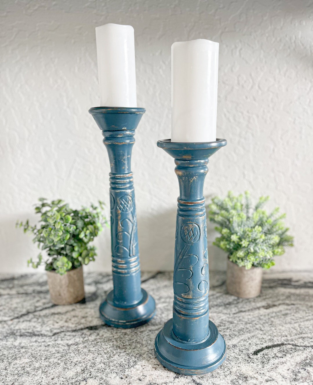 Ornate Pillar Candle Holders Blue and White Distressed Etsy