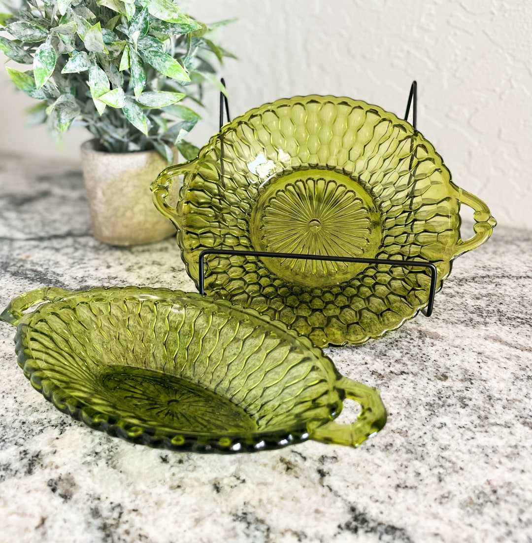Vintage Green Cut Glass Dishes, Candy Dish, Jam and Jelly Dish, Avocado