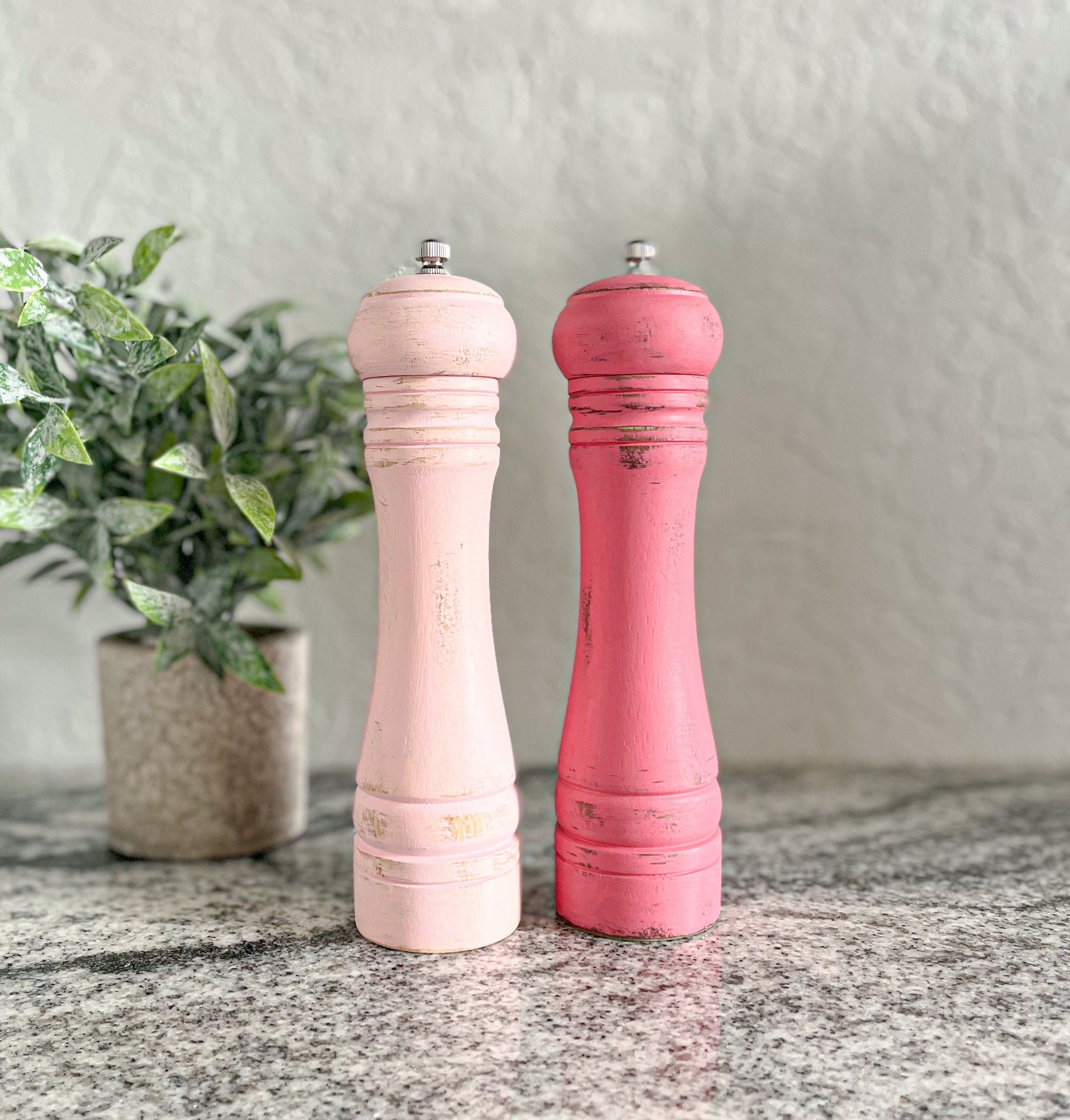 Tall White and Gray Farmhouse Style Salt and Pepper Grinder Set 8 Inches  Tall, Pair of Spice Mills Painted in Gray and White 