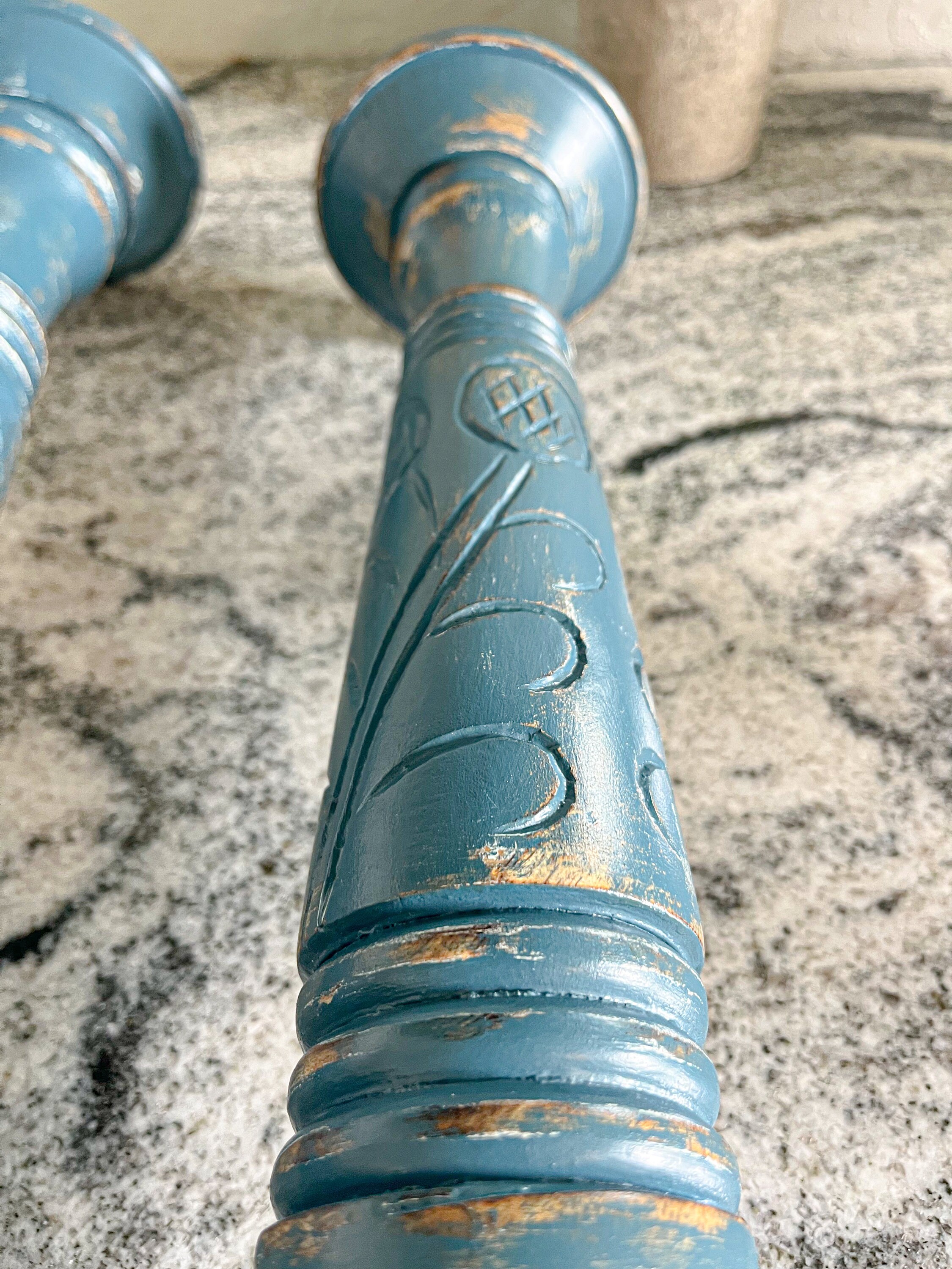 Ornate Pillar Candle Holders Blue and White Distressed Etsy