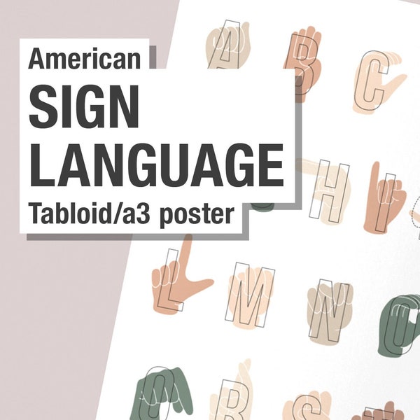American Sign Language Alphabet digital poster, tabloid, A3, design, decoration perfect for framing, education, PDF, scalable