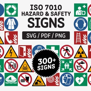 Op de afbeelding: Een digitale collectie van ISO 7010 gevaren- en veiligheidsborden in SVG-, PDF- en PNG-formaten. De afbeelding bevat meer dan 300 iconen, waaronder waarschuwings-, verbods- en gebodssymbolen in diverse kleuren zoals rood, blauw, geel en groen.