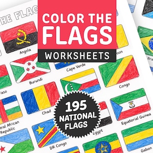 May include: A printable worksheet titled COLOR THE FLAGS WORKSHEETS featuring 195 NATIONAL FLAGS. The page displays various national flags colored with crayons, including Angola, Algeria, Burundi, Burkina Faso, Chad, Central African Republic, and others.