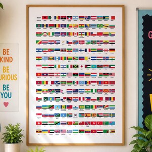 Puede incluir: Un póster de pared enmarcado que presenta una cuadrícula de numerosas banderas internacionales dispuestas en filas sobre un fondo blanco. Las banderas son rectangulares y muestran una variedad de colores y símbolos de diferentes naciones.