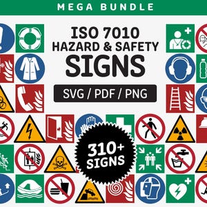 May include: A collection of safety and hazard signs in various colors and shapes, including warning triangles, prohibition circles, and informational symbols. The text "ISO 7010 HAZARD & SAFETY SIGNS" is displayed, along with "SVG / PDF / PNG" and "310+ SIGNS".