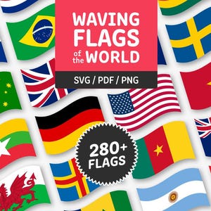 Peut inclure: Un graphique numérique présentant une collection de divers drapeaux nationaux ondulants disposés en grille. Un rectangle rouge central affiche le texte blanc WAVING FLAGS of the WORLD SVG / PDF / PNG au-dessus d'un cercle noir avec 280+ FLAGS.