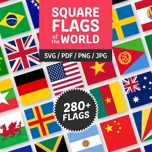 Op de afbeelding: Een digitale collectie van vierkante vlaggen van over de hele wereld, met meer dan 280 individuele ontwerpen in diverse formaten. De centrale rode afbeelding toont de tekst SQUARE FLAGS of the WORLD en 280+ FLAGS met de bestandsformaten.