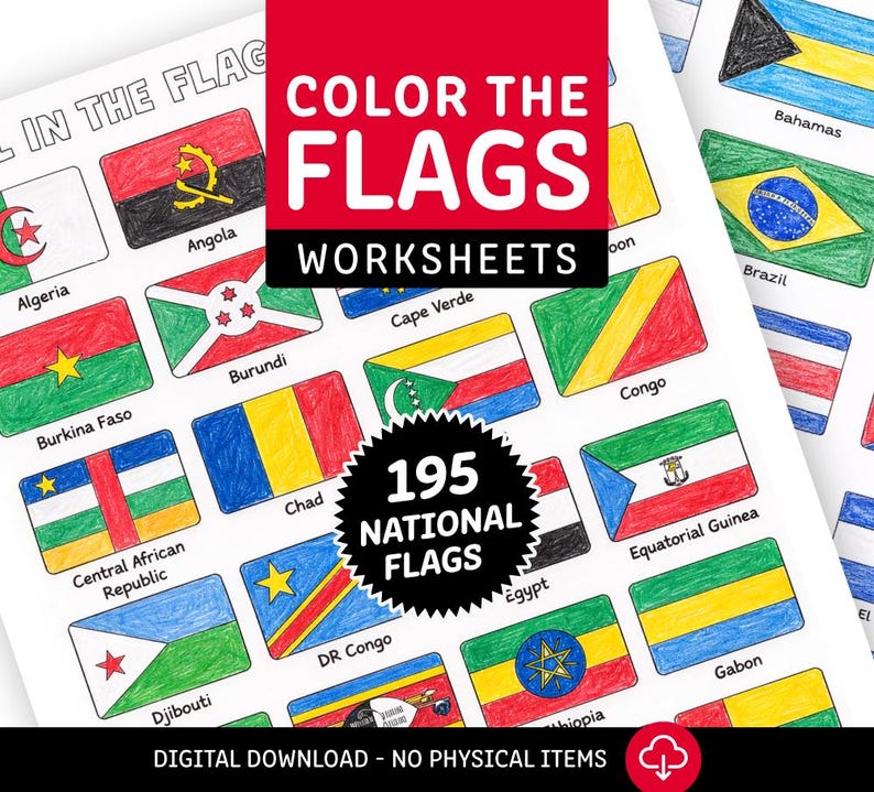 Color the Flags Worksheets | Digital Download PDF | 9 Worksheets ...