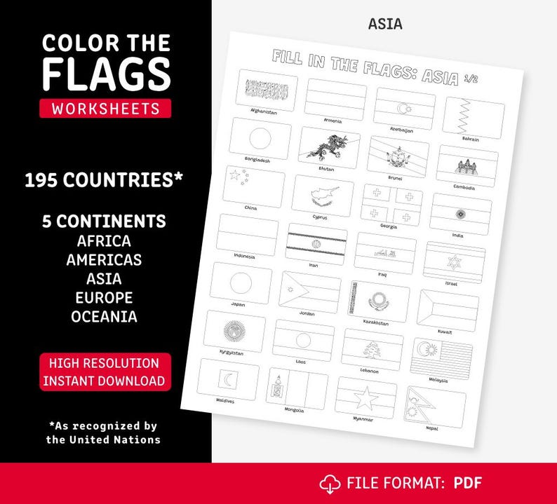 Color the Flags Worksheets | Digital Download PDF | 9 Worksheets ...