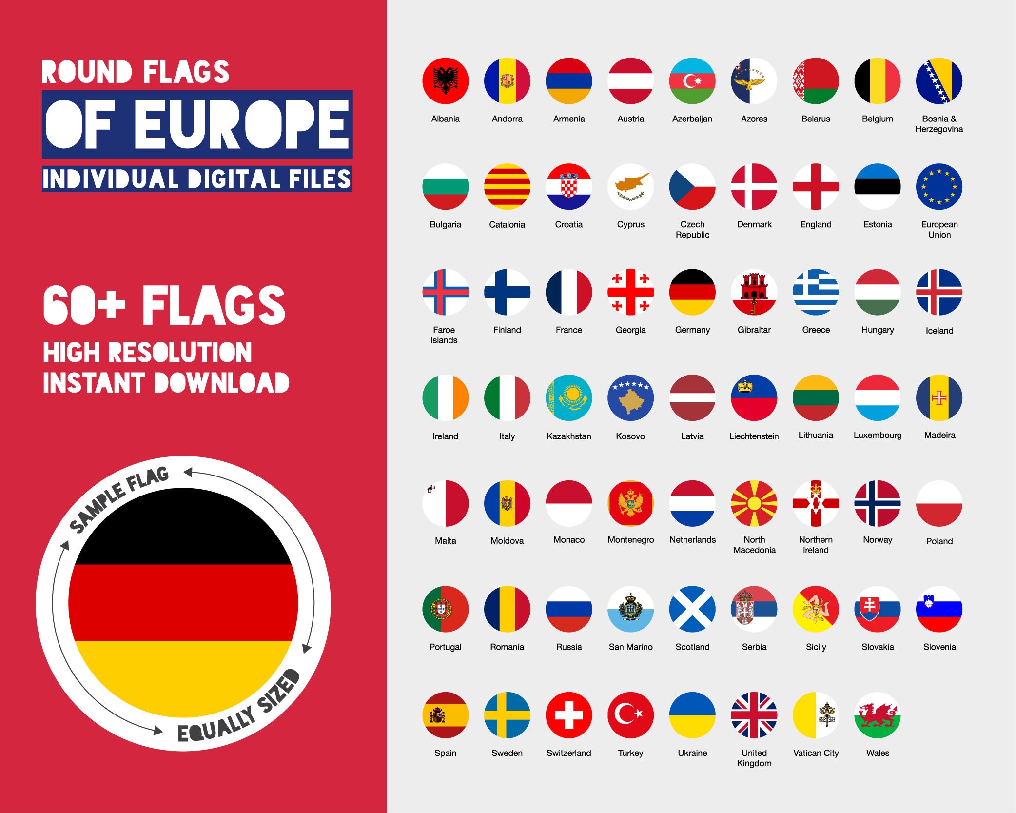 Round Flags of Europe, Digital Download, 60 Country & Regional Flags ...