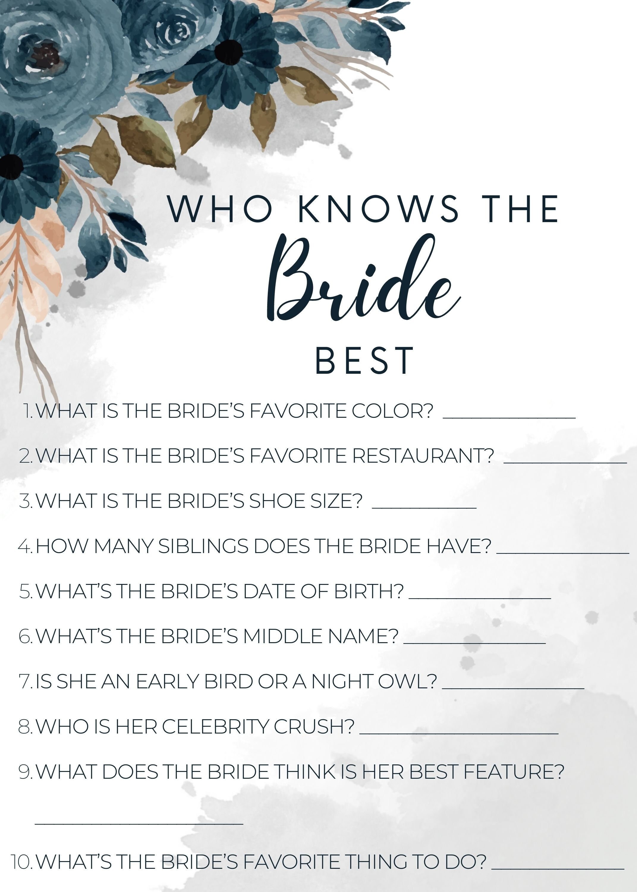 Who Knows the Bride Best Bridal Shower Game Bachelorette Games Bridal ...