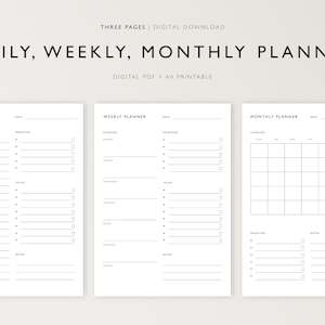 Daily Weekly and Monthly Planner, Printable Planner, Planner set, Instant Digital Download, Digital PDF, A4 Printable