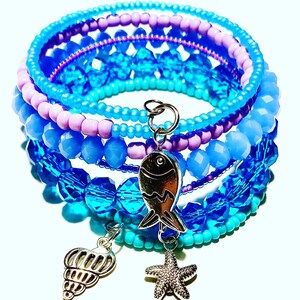 Mermaid Glass and Crystal Memory Wire Wrap Bracelet in Shades of Blue and Purple