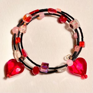 Heart Love Sweetheart Wrap Bracelet in Black Red and Pink Glass and Crystals