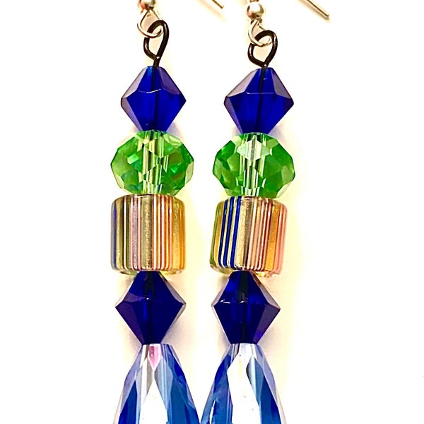 Blue and Green Crystal and Rainbow Furnace Cane Glass Chandelier Earrings
