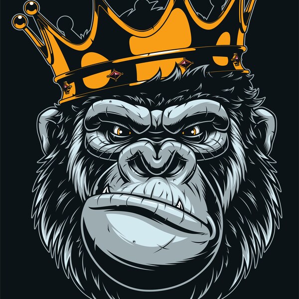 Hand Drawn King Gorilla in Golden Crown SVG Royal Monkey Digital illustration Animal Cartoon Gorilla Strong face , Monkey png, Gorilla svg