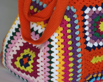 orange Colourful  XL Crochet Granny Square Shoulder Bag for the Beach or as a Chic Market bag in Vintage Style,hippie,mother's  day gift