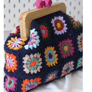 Granny Square Crochet Clutch: Navy Vintage Bag with Leather Strap