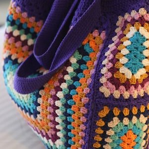 Colorful Crochet Granny Square Shoulder Bag for the Beach or as a Chic Market bag in Retro Style,Green crochet granny square bag,Dark purple