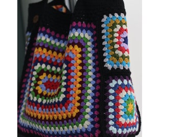 Vierkante tas gehaakte oma, cadeau voor moeder, grote tas zonnebloem, Afghaanse draagtas, cadeau voor haar, tas vrouw, schoudertas gehaakte draagtas