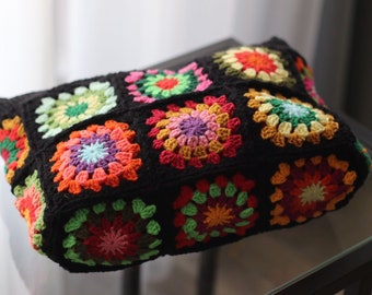 black based Colorful Granny Square Crochet Clutch, All Day Toiletry Pouch in Boho Style Lined,Mother's day gift, crochet bag