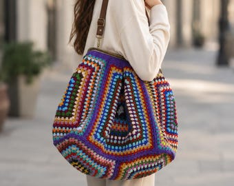 Handmade Colorful Crochet Tote Bag, Boho Granny Square Purse
