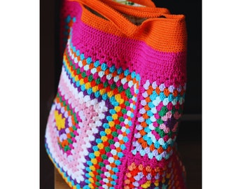 Colorful Crochet Granny Square Shoulder Bag for the Beach or as a Chic Market bag in Retro Style,mother's day gift