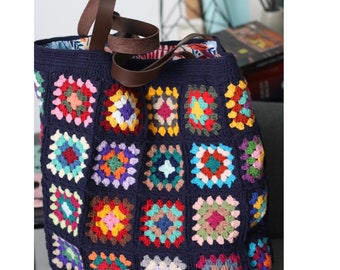 Navy Crochet Granny Square Tote Bag: Colorful Market Shopper with Pocket