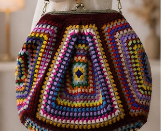 Kolorowa torba szydełkowa, ręcznie robiona, kwadratowa torebka dla babci, torba na ramię w stylu boho, duża torebka szydełkowa, torba retro na festiwal, prezent dla niej