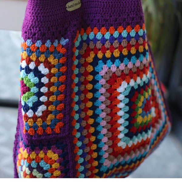 Colorful Crochet Granny Square Shoulder Bag for the Beach or as a Chic Market bag in Retro Style, handmade bag,xl bag