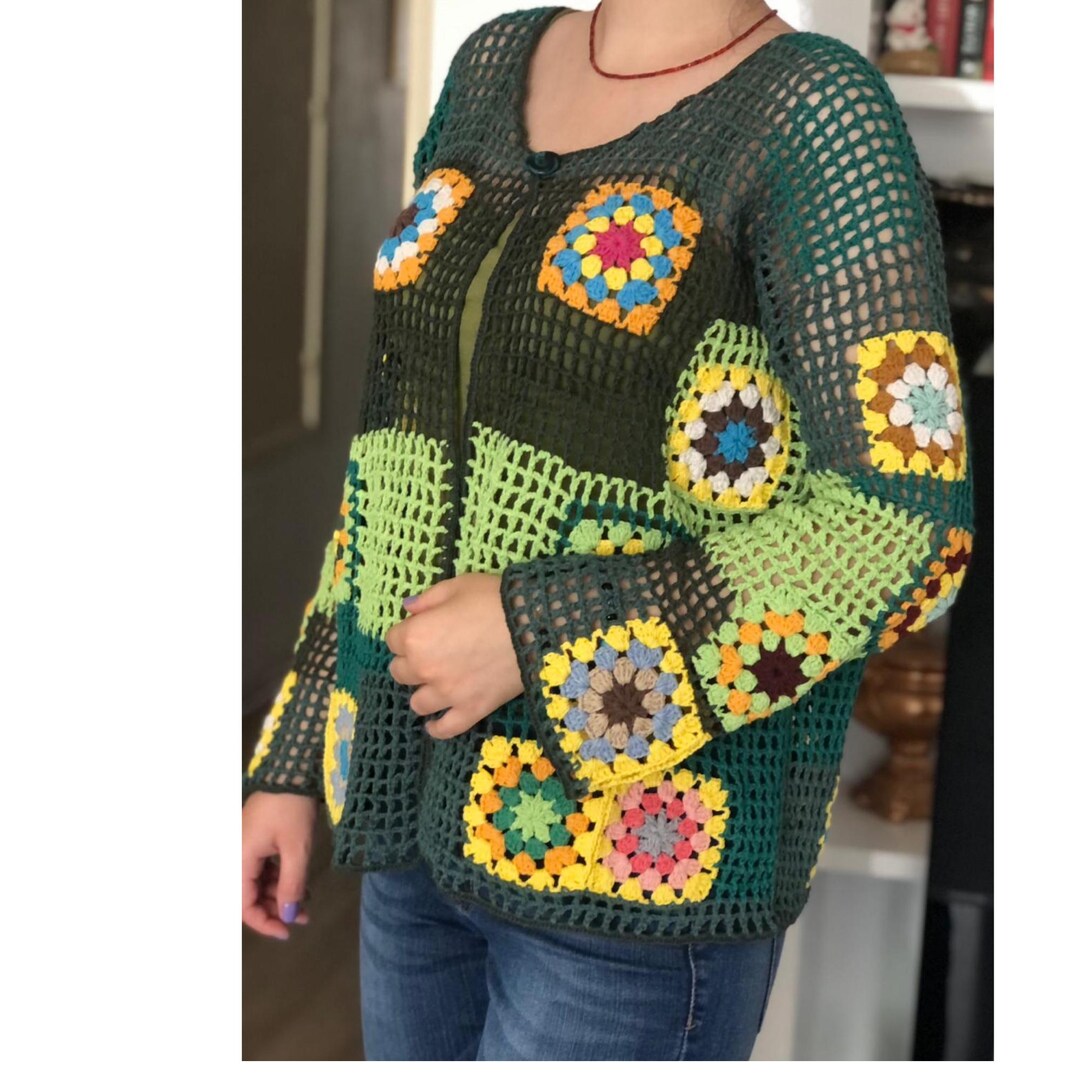 Granny Square Crochet Cardigan - Colorful Vintage Boho Jacket With ...