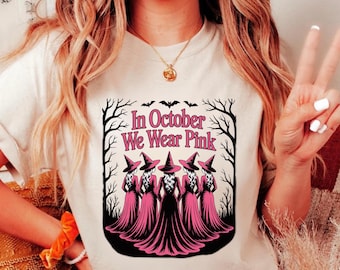 Im Oktober tragen wir Pink Hexen Shirt, Brustkrebs Bewusstsein T-Shirt, Halloween-Geist Tshirt, Krebs Pink Ribbon Shirt Geschenk