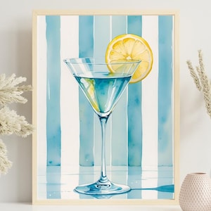Impression aquarelle de martini : art de chariot de bar à cocktails pastel (téléchargement numérique