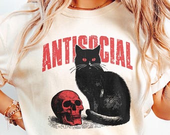 Antisocial Cat with Skull T-Shirt: Cat Lover Tee