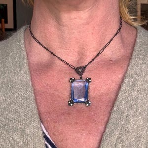 Antique Sterling Silver Necklace, Blue Glass Paste Pendant, Seed Pearl Halo, Victorian Gothic Jewelry