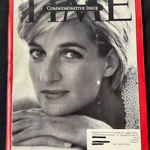 May include: A September 15, 1997 Time magazine commemorative issue featuring a black and white portrait of Diana, Princess of Wales. The cover has a bold red border, the Time logo, and text including Commemorative Issue and mailing labels.