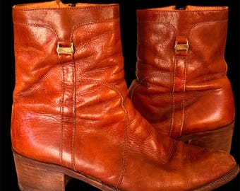 Vintage Cognac Brown Leather Ankle Boots, Mens Size 9.5, Made in Italy