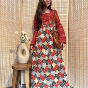 1970s Patchwork Prairie Maxi Dress XS/Small – Cottagecore Calico Quilted Boho Dress – Long Sleeve Western Peasant Festival Gown
