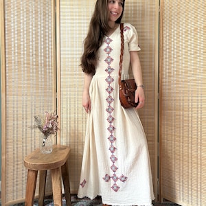 Vintage 1970s Boho Embroidered Cotton Gauze Maxi Dress Size Small Medium – Stunning Cheesecloth Festival Hippie Bohemian Folk Peasant Dress